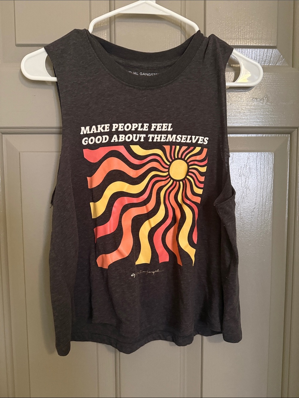 Spiritual Gangster Charcoal Muscle Tank with Red and Yellow Sunwave Graphic